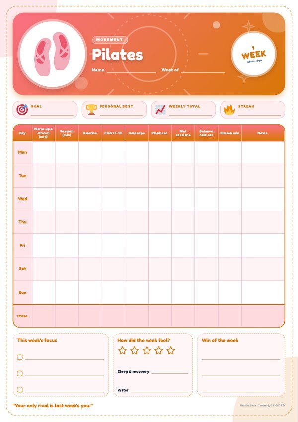 Pilates Tracker – Weekly, Monthly & Yearly Log