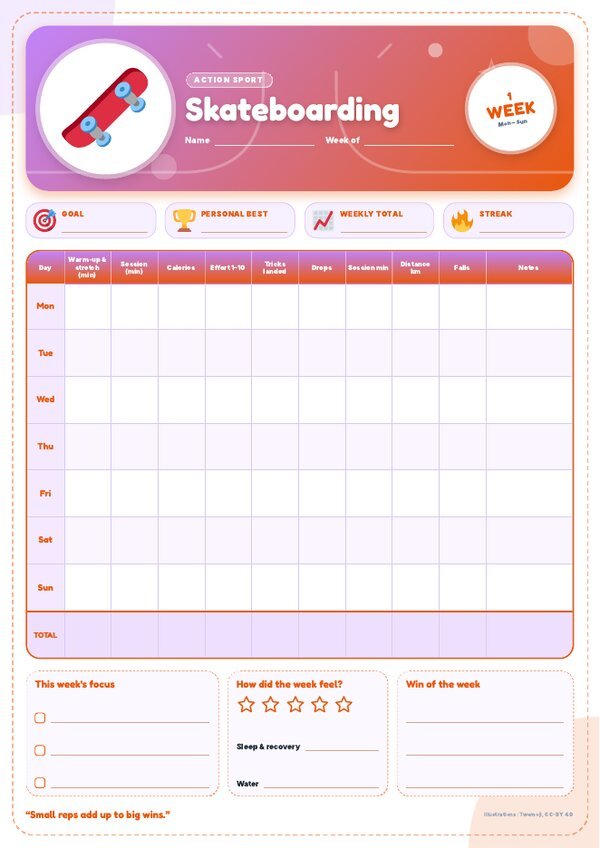 Skateboarding Tracker – Weekly, Monthly & Yearly Log