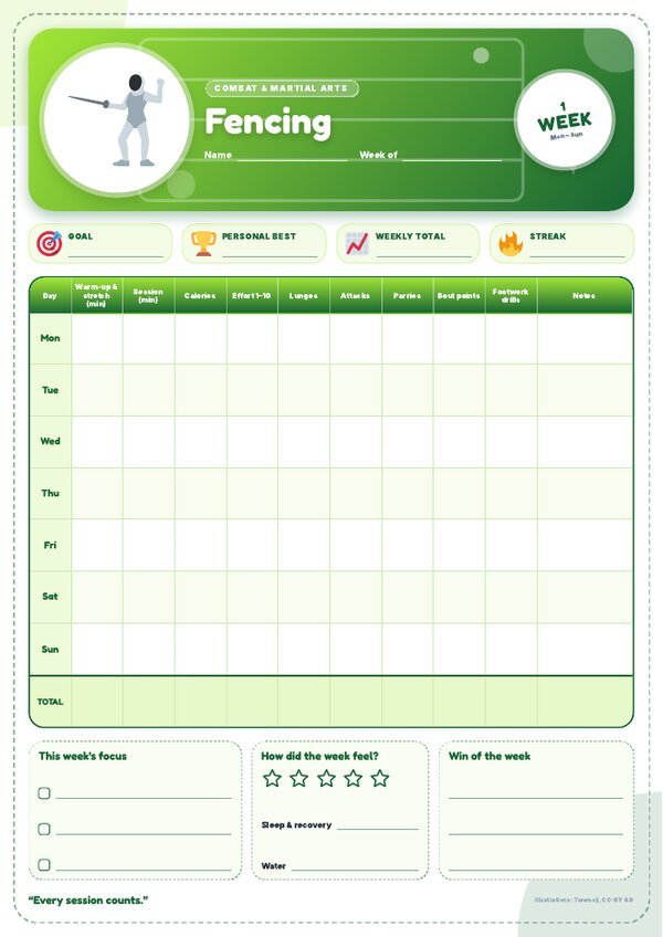 Fencing Tracker – Weekly, Monthly & Yearly Log