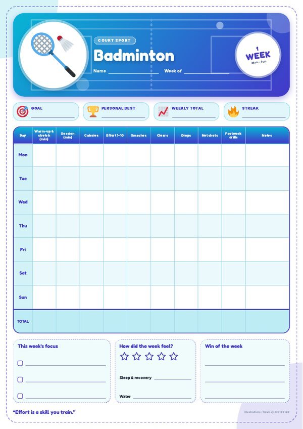 Badminton Tracker – Weekly, Monthly & Yearly Log