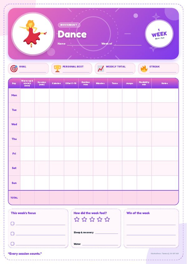 Dance Tracker – Weekly, Monthly & Yearly Log