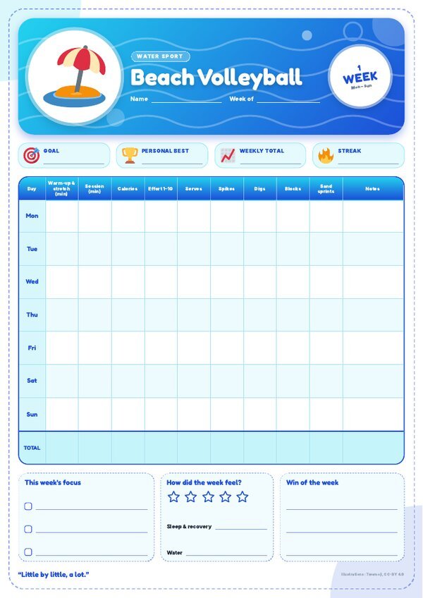 Beach Volleyball Tracker – Weekly, Monthly & Yearly Log