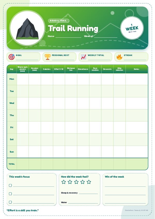Trail Running Tracker – Weekly, Monthly & Yearly Log