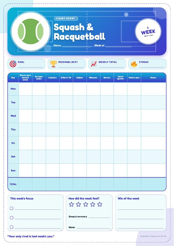 Squash & Racquetball Tracker – Weekly, Monthly & Yearly Log