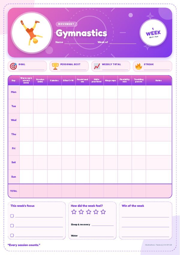 Gymnastics Tracker – Weekly, Monthly & Yearly Log