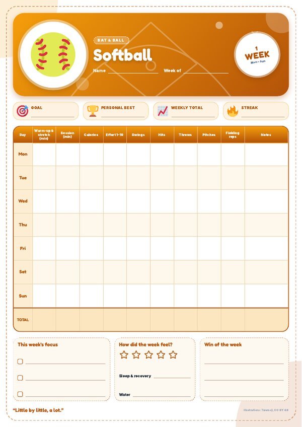 Softball Tracker – Weekly, Monthly & Yearly Log