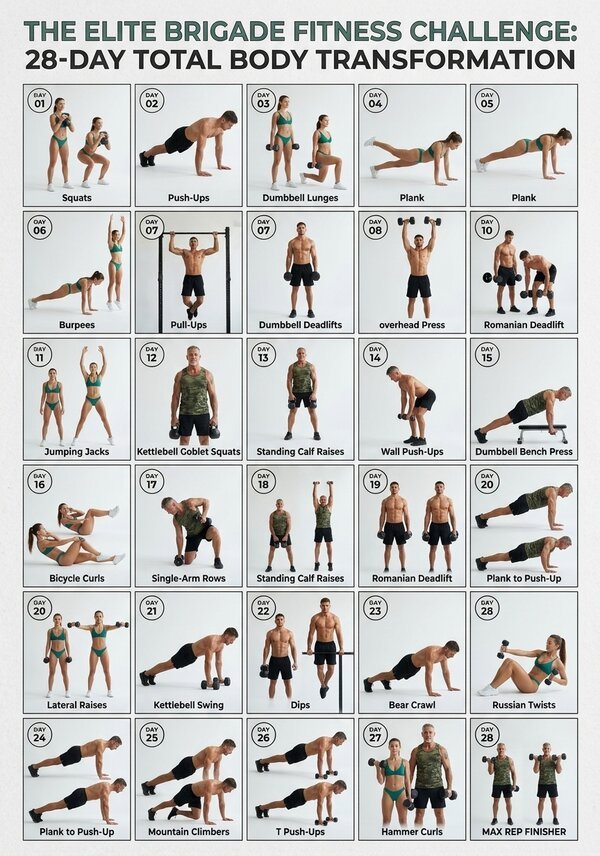 28-Day Total Body Transformation Challenge – Printable Fitness Poster
