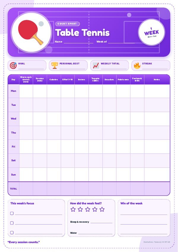 Table Tennis Tracker – Weekly, Monthly & Yearly Log
