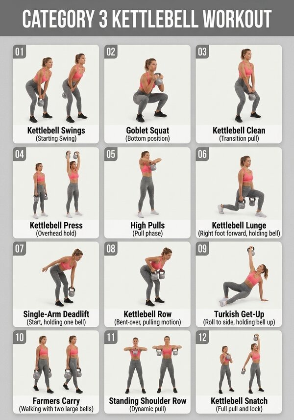 Kettlebell Workout Poster – 12 Exercises