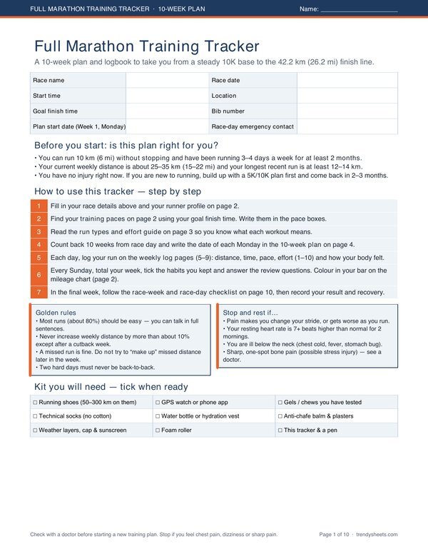 Full Marathon Training Tracker – 10-Week Plan