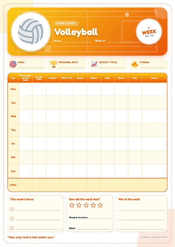 Volleyball Tracker – Weekly, Monthly & Yearly Log