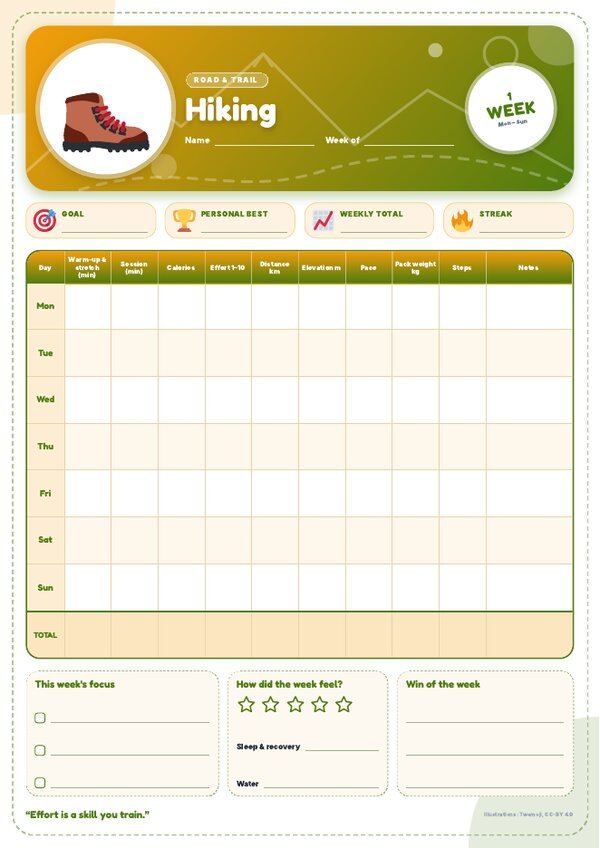 Hiking Tracker – Weekly, Monthly & Yearly Log