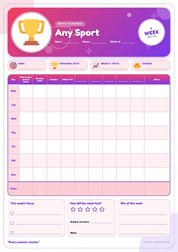 Any Sport Tracker – Weekly, Monthly & Yearly Log