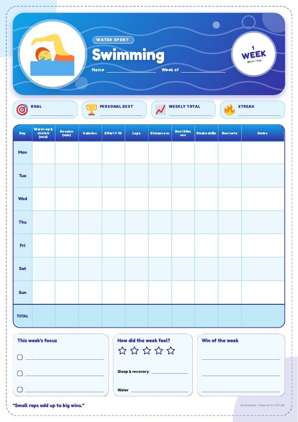 Swimming Tracker – Weekly, Monthly & Yearly Log