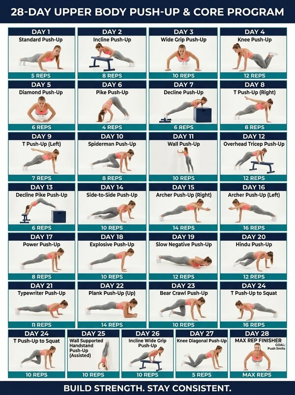 28-Day Upper Body Push-Up & Core Program – Printable Poster