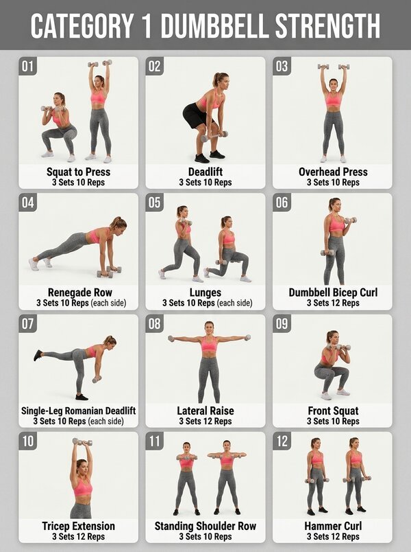 Dumbbell Strength Workout Poster – 12 Exercises