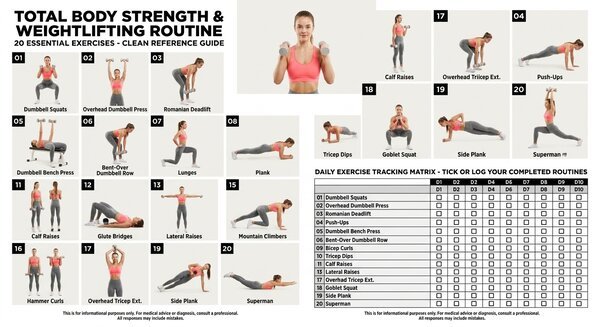 Total Body Strength & Weightlifting Routine – 20 Exercise Guide and Tracker